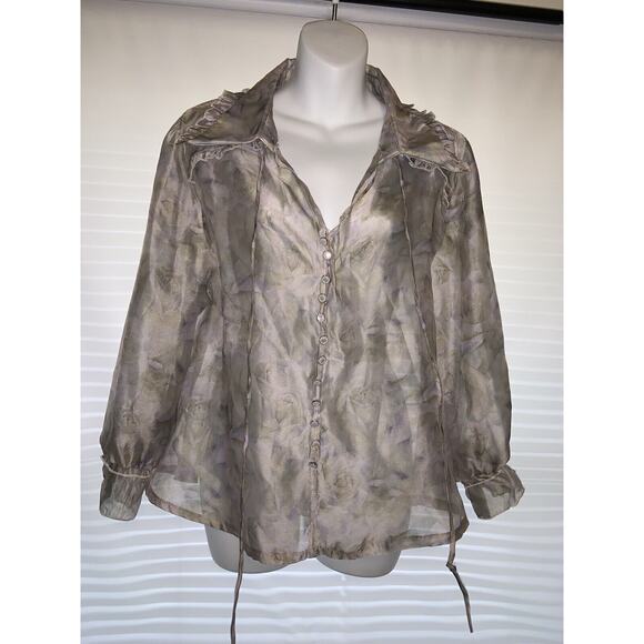 POL Tops - POL Floral Sheer Long Sleeve Ruffle Top Size Small